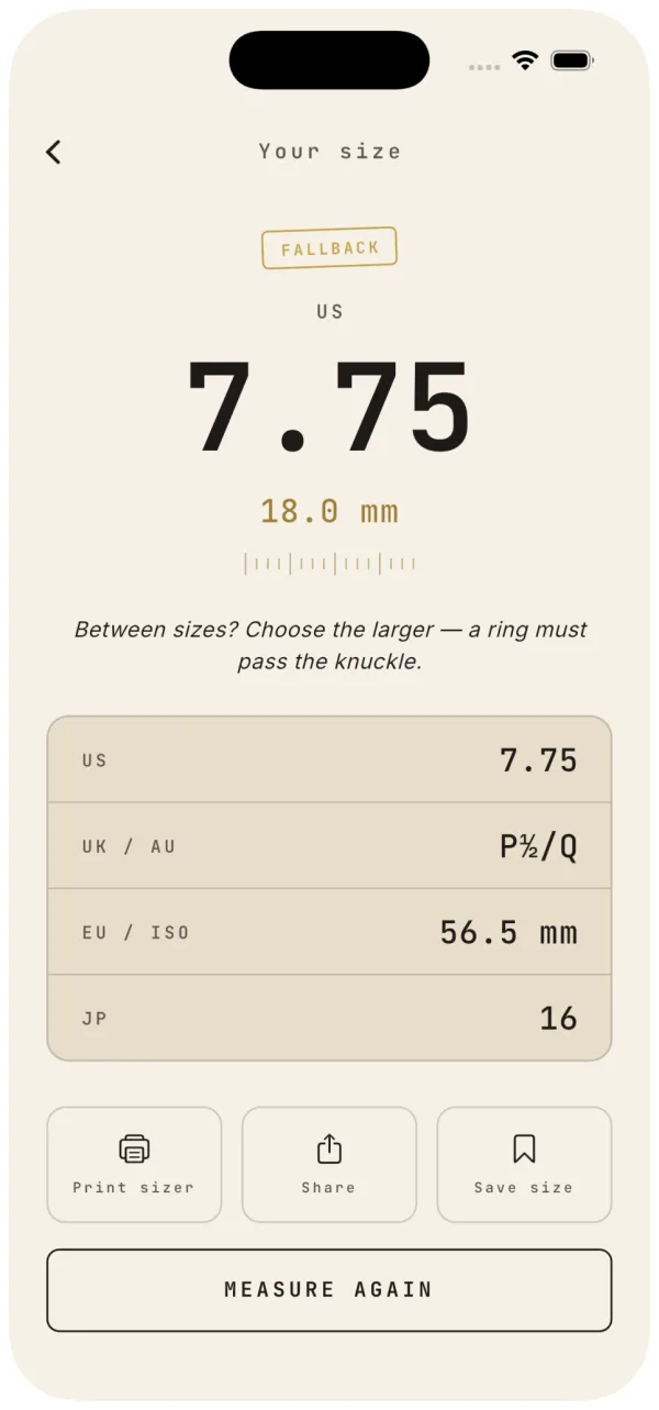 Mesurix ring sizer result screen showing US 7.75, 18.0 mm, with UK/AU, EU/ISO and JP conversions
